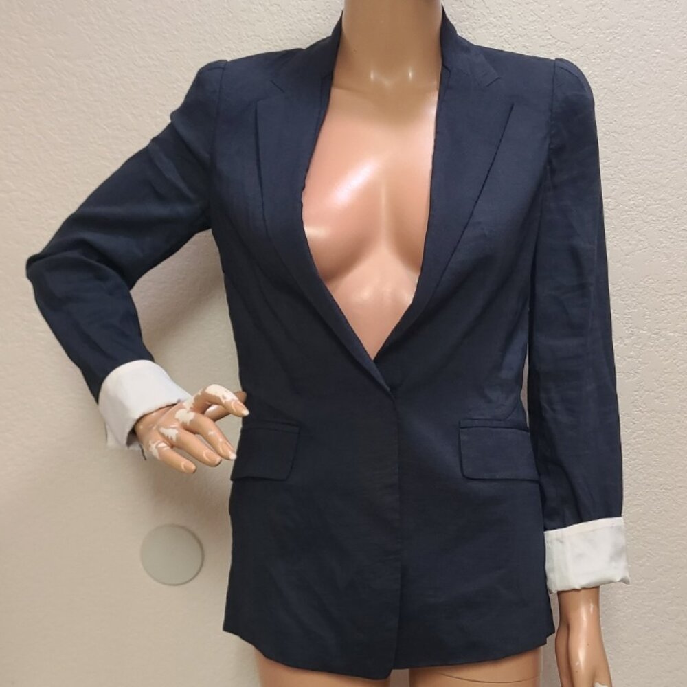 JILL STUART STRETCH LINEN SILK NAVY BLAZER JACKET TAILORED FITTED sz S